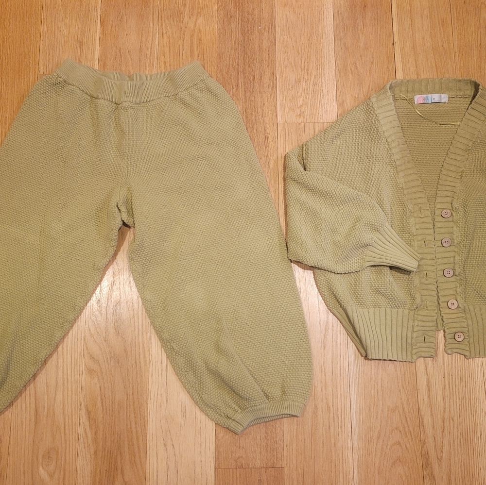 Free People Green Moss 2pc Knit Cardigan and Pants Set